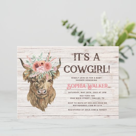 Rustic Highland Koe Girl Baby shower Kaart (Staand voorkant)