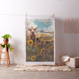 Rustic Highland Koe Truck Zonnebloemen Stof