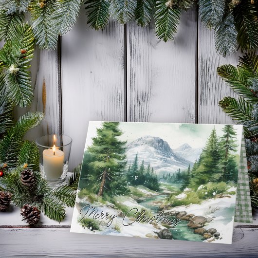 Rustic Highlands Mountain Scene Merry Christmas Feestdagen Kaart