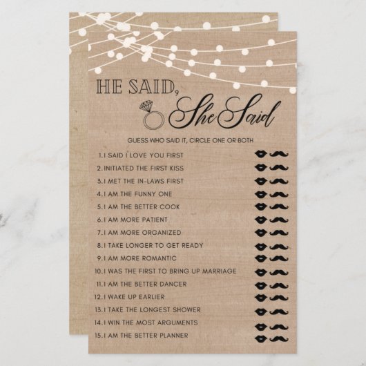 Rustic Hij zei dat ze vrijgezellenfeest spel zei (Voorkant / Achterkant)