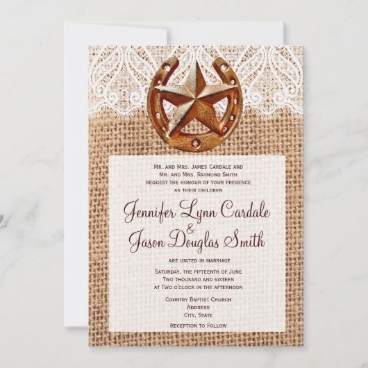 Rustic Hoefijzer Star Burlap Wedding Invitations Kaart (Voorkant)