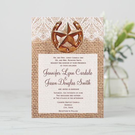 Rustic Hoefijzer Star Burlap Wedding Invitations Kaart (Staand voorkant)