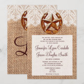 Rustic Hoefijzer Star Burlap Wedding Invitations Kaart (Voorkant / Achterkant)