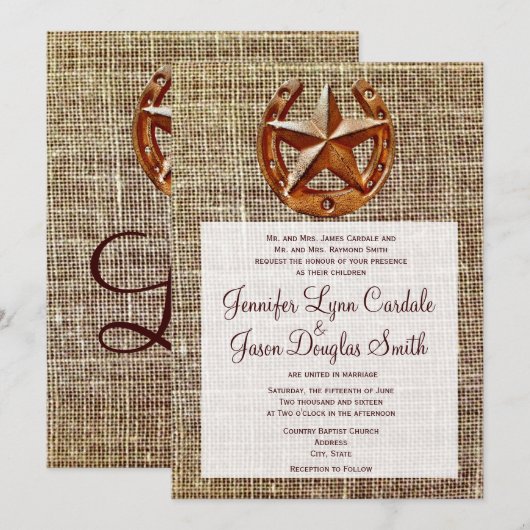 Rustic Hoefijzer Star Burlap Wedding Invitations Kaart (Voorkant / Achterkant)