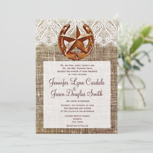 Rustic Hoefijzer Star Burlap Wedding Invitations Kaart (Staand voorkant)