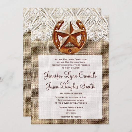 Rustic Hoefijzer Star Burlap Wedding Invitations Kaart (Voorkant / Achterkant)