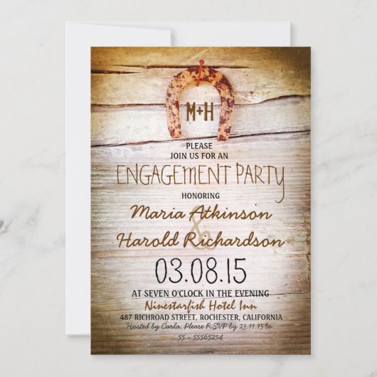 Rustic hoefijzer Wood Engagement Party Invitation Kaart (Voorkant)