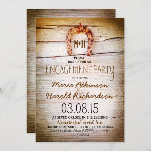 Rustic hoefijzer Wood Engagement Party Invitation Kaart (Voorkant / Achterkant)