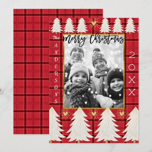 Rustic Holiday Foto: Red Black Pset & White Trees Feestdagenkaart (Voorkant / Achterkant)