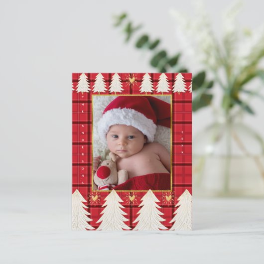 Rustic Holiday Foto: Red Black Pset & White Trees Feestdagenkaart (Staand voorkant)