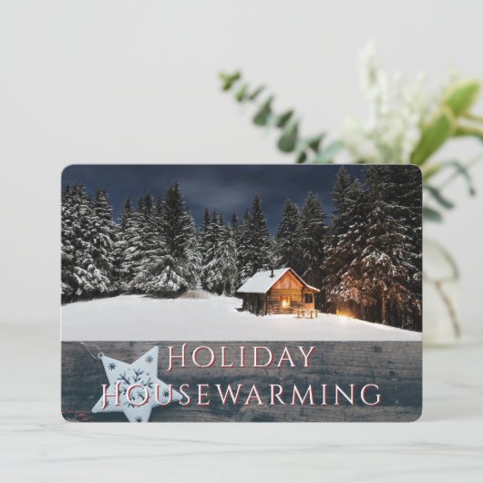 Rustic Holiday Housewarming Party Snow Cabin Kaart (Staand voorkant)