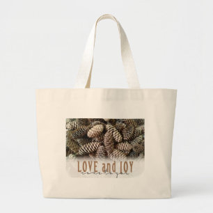 Rustic Holiday Love and Joy Pine Cone Grote Tote Bag