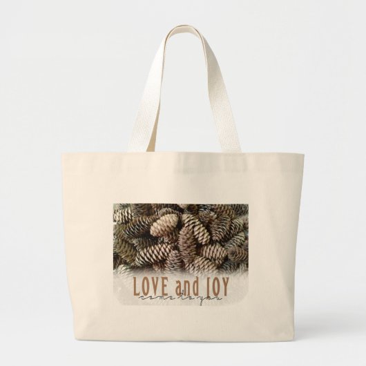 Rustic Holiday Love and Joy Pine Cone Grote Tote Bag (Voorkant)