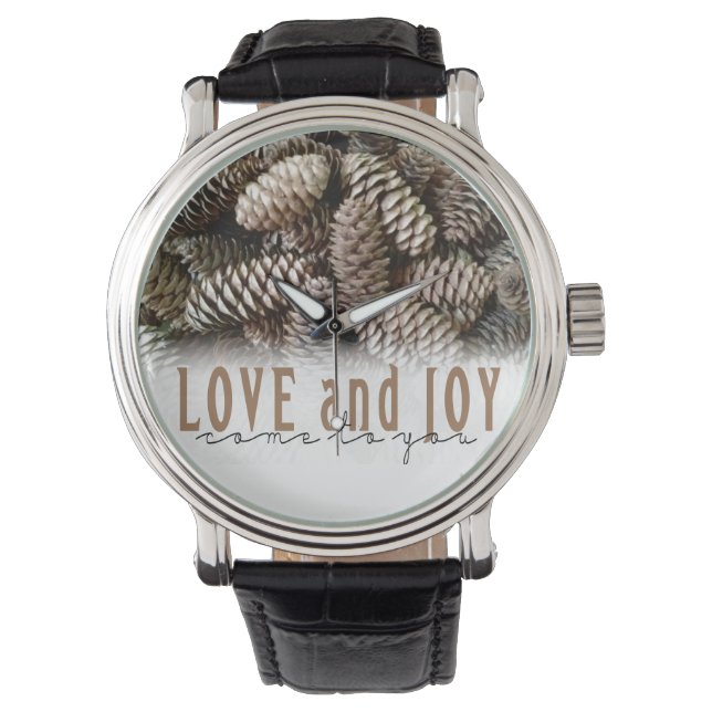 Rustic Holiday Love and Joy Pine Cone Horloge (Voorkant)