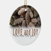 Rustic Holiday Love and Joy Pine Cone Keramisch Ornament (Rechts)