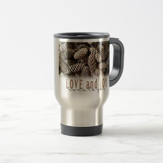 Rustic Holiday Love and Joy Pine Cone Reisbeker (Voorkant rechts)