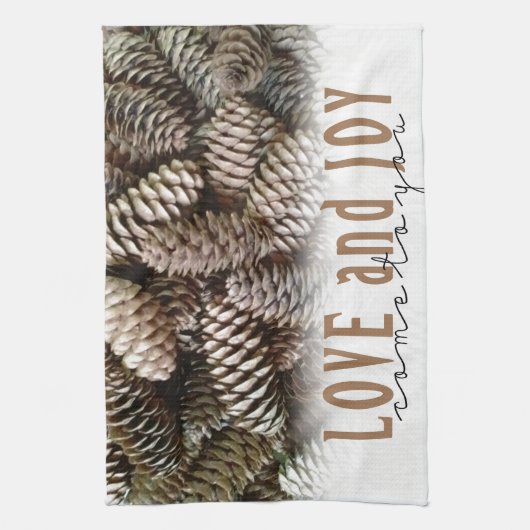 Rustic Holiday Love and Joy Pine Cone Theedoek (Verticaal)