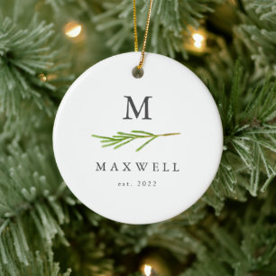 Rustic Holiday Pine laat Monogram foto Keramisch Ornament