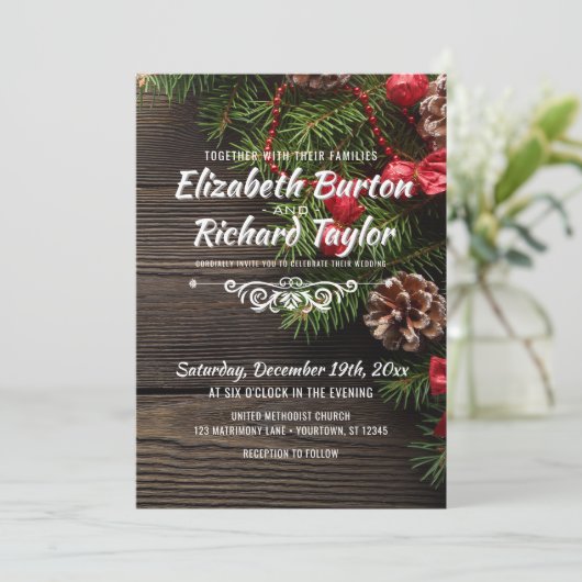 Rustic Holiday Pine Wreath Winter Wedding Kaart (Staand voorkant)