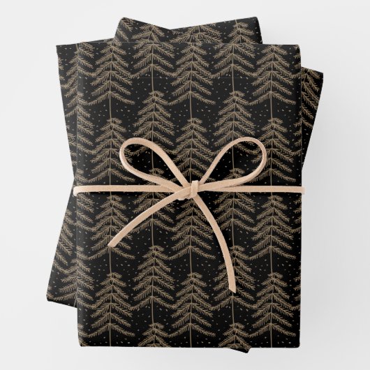 Rustic Holiday Tree Pattern Black Golden Brown Inpakpapier Vel (In situ)