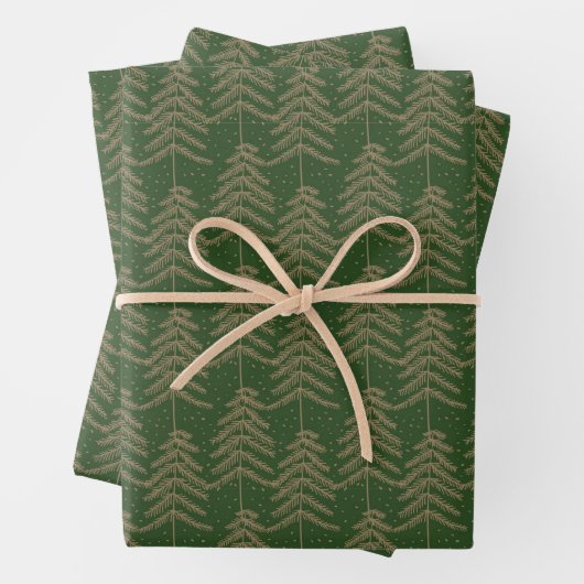 Rustic Holiday Tree Pattern Green Golden Brown Inpakpapier Vel (In situ)