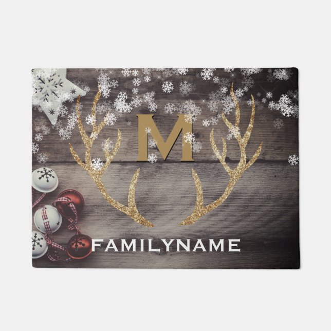 Rustic Holiday Winter Snowflakes Antlers Monogram Deurmat (Voorkant)