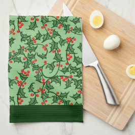 Rustic Holly and Berry Holiday Pattern on Green Theedoek