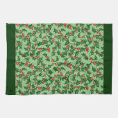 Rustic Holly and Berry Holiday Pattern on Green Theedoek (Horizontaal)