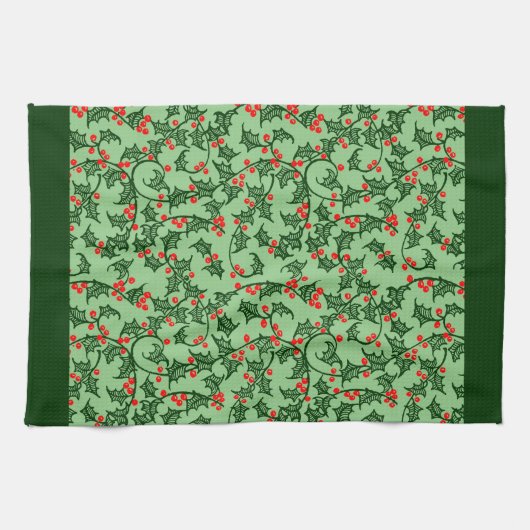 Rustic Holly and Berry Holiday Pattern on Green Theedoek (Horizontaal)