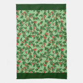 Rustic Holly and Berry Holiday Pattern on Green Theedoek (Verticaal)