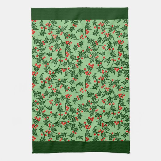 Rustic Holly and Berry Holiday Pattern on Green Theedoek (Verticaal)