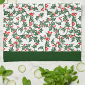 Rustic Holly and Berry Holiday Pattern on Green Theedoek (Gevouwen)