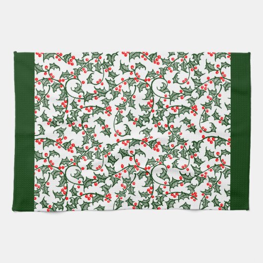 Rustic Holly and Berry Holiday Pattern on Green Theedoek (Horizontaal)