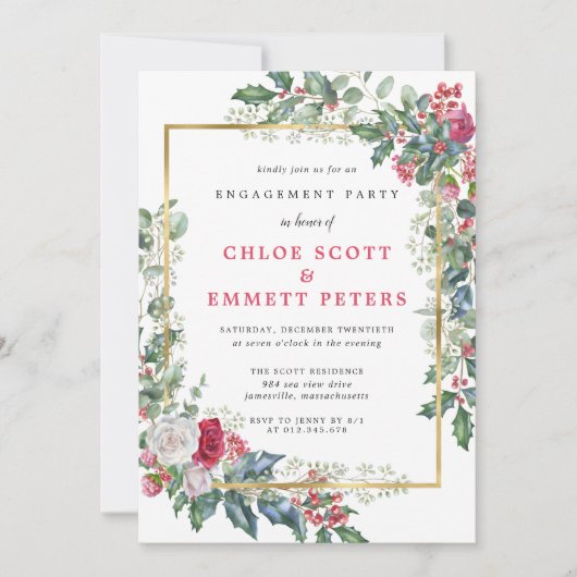 Rustic Holly Berries Winter Engagement Party Kaart (Voorkant)