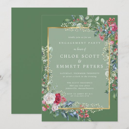 Rustic Holly Berries Winter Engagement Party Kaart (Voorkant / Achterkant)