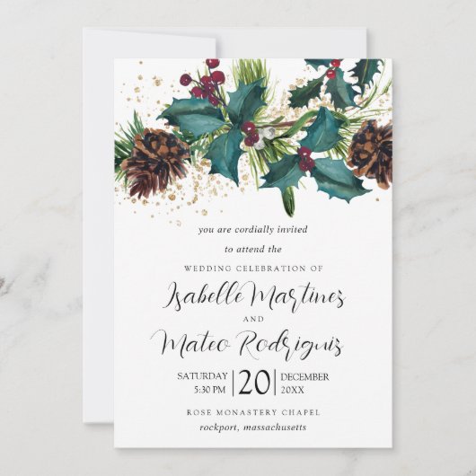 Rustic Holly en Berries Winter Botanical Wedding Kaart (Voorkant)