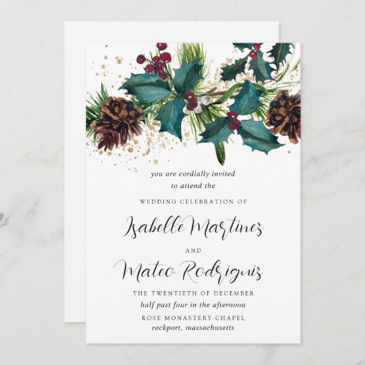 Rustic Holly en Berries Winter Botanical Wedding Kaart (Voorkant / Achterkant)