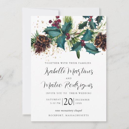 Rustic Holly en Berries Winter Botanical Wedding Kaart (Voorkant)