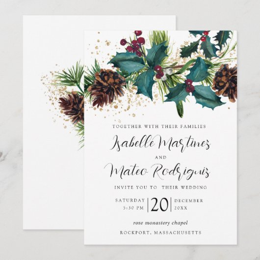 Rustic Holly en Berries Winter Botanical Wedding Kaart (Voorkant / Achterkant)