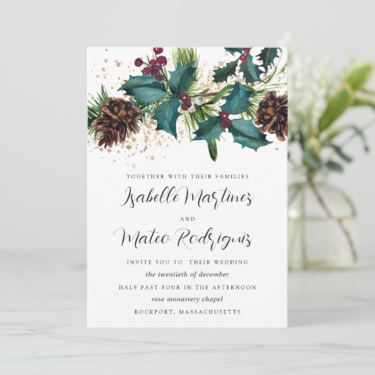 Rustic Holly en Berries Winter Botanical Wedding Kaart (Staand voorkant)