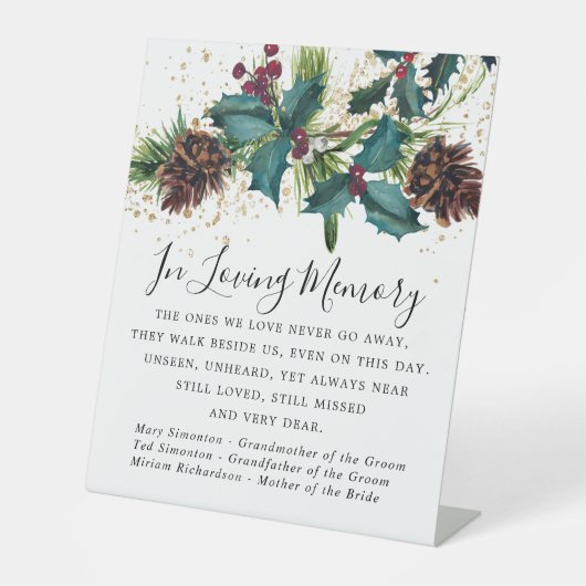 Rustic Holly en Berries Winter Wedding Memorial Reclamebord Met Voetstuk (Voorkant)