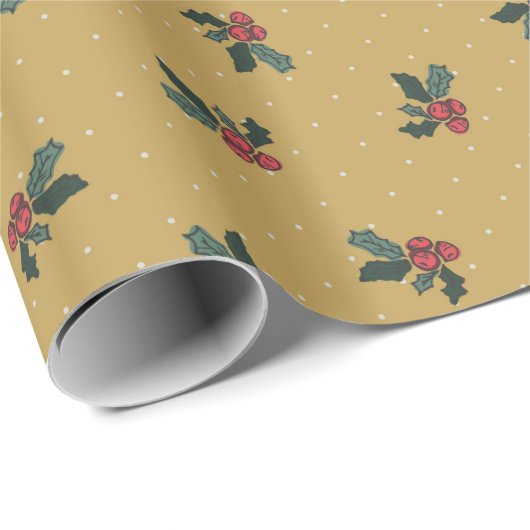 Rustic Holly en Polka dots-goud Cadeaupapier (Rol Hoek)