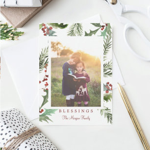 Rustic Holly-kerstfotokaarten Bedankkaart