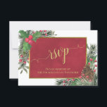 Rustic Holly & Pine Holiday of Kerstbruiloft RSVP Kaartje<br><div class="desc">Deze prachtige bruiloft RSVP-kaarten zijn voorzien van een elegant en rustig boho-keurmerk met handbeschilderde sprieten van waterverf holly bladeren en bessen, pijnboomtakken en pinecones op een gemarmerde rode achtergrond met een faux foil gouden grens. Met het vakantiesymbool zijn deze kaarten perfect voor een kerstbruiloft of een feest. De rug is...</div>