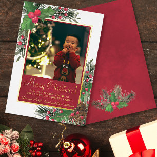 Rustic Holly & Pine Merry-kerstfoto Folie Feestdagenkaart