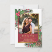 Rustic Holly & Pine met Photo Holiday Weddenschap Save The Date (Voorkant)
