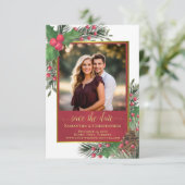 Rustic Holly & Pine met Photo Holiday Weddenschap Save The Date (Staand voorkant)