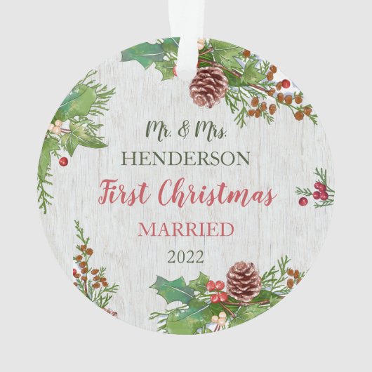 Rustic Holly Pine Passen getrouwd 2-zijdig Aangepa Ornament (achterkant)