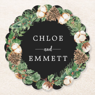 Rustic Holly Pine Wreath Wedding Paper Onderzetter