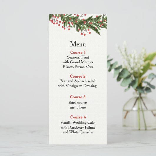 Rustic Holly Winter Kerstbruiloft Menu (Staand voorkant)
